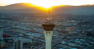 The Strip at sunset as photographed by Tom Donoghue aboard a Maverick Helicopter on Thursday, Jan. 17, 2013.
